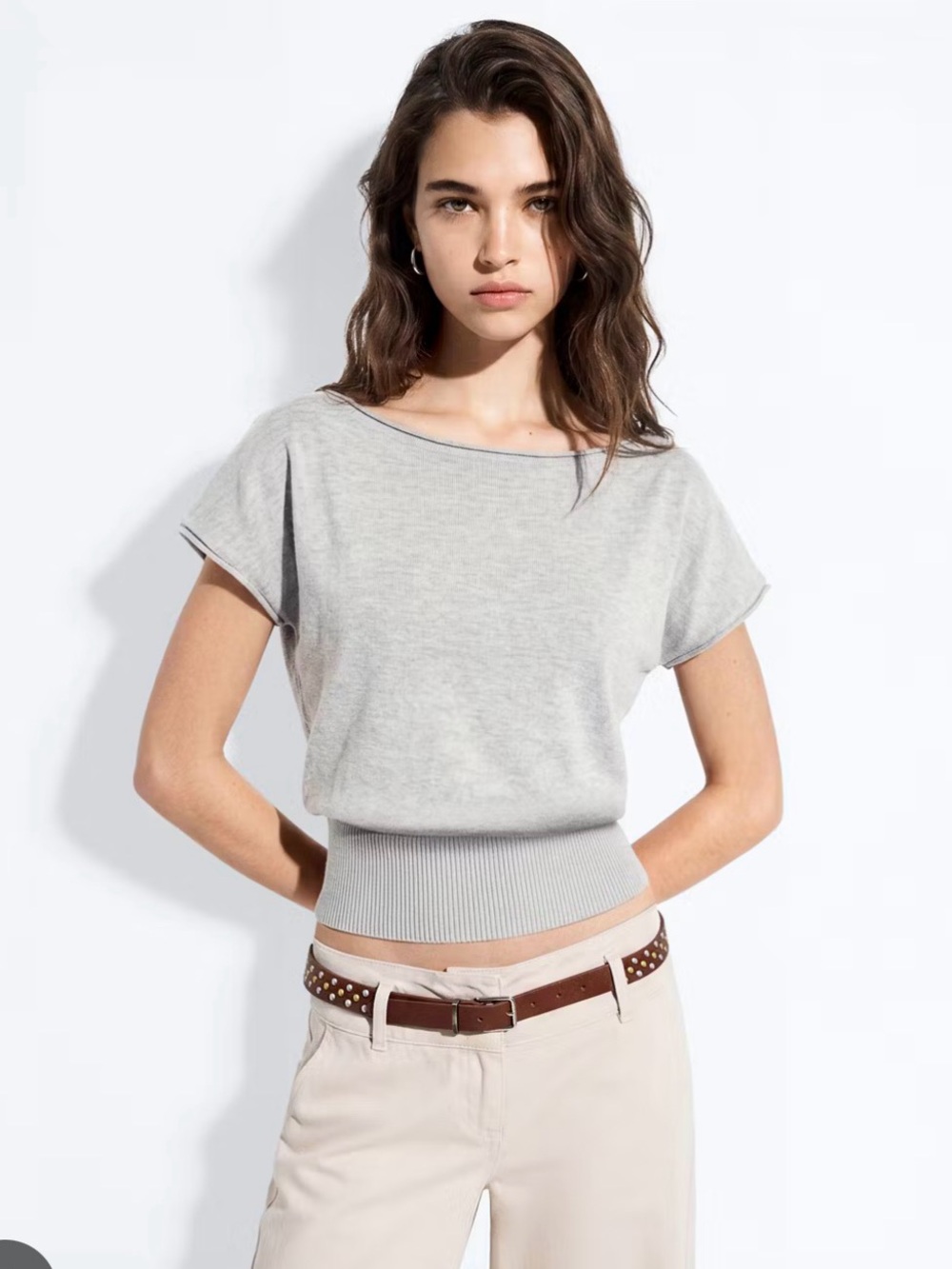 Garage Light Gray Off-Shoulder Knit Top